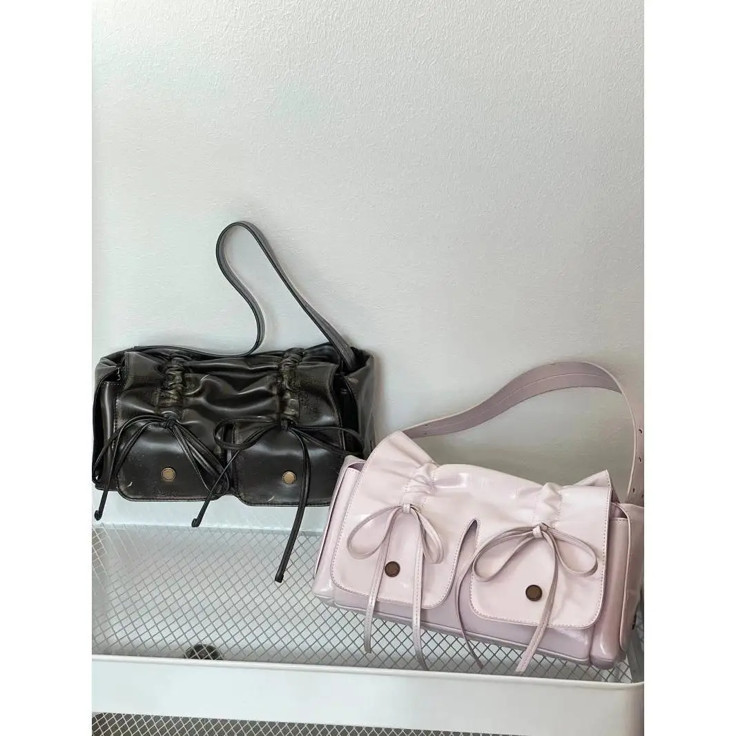 Richme Wrinkled Women Summer Bag 2024 E Girl Lacquer Leather Bow Crossbody Shoulder Bags Luxury Solid Individuality Bolso Mujer