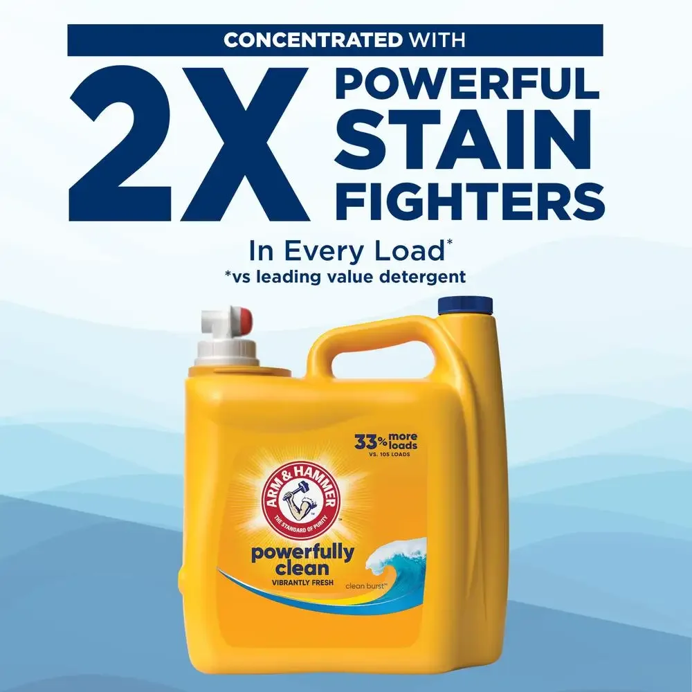 Powerful ARM & HAMMER Clean Burst Liquid Laundry Detergent 200 Loads Concentrated Stain Fighter Fresh Scent Low-Suds Formula