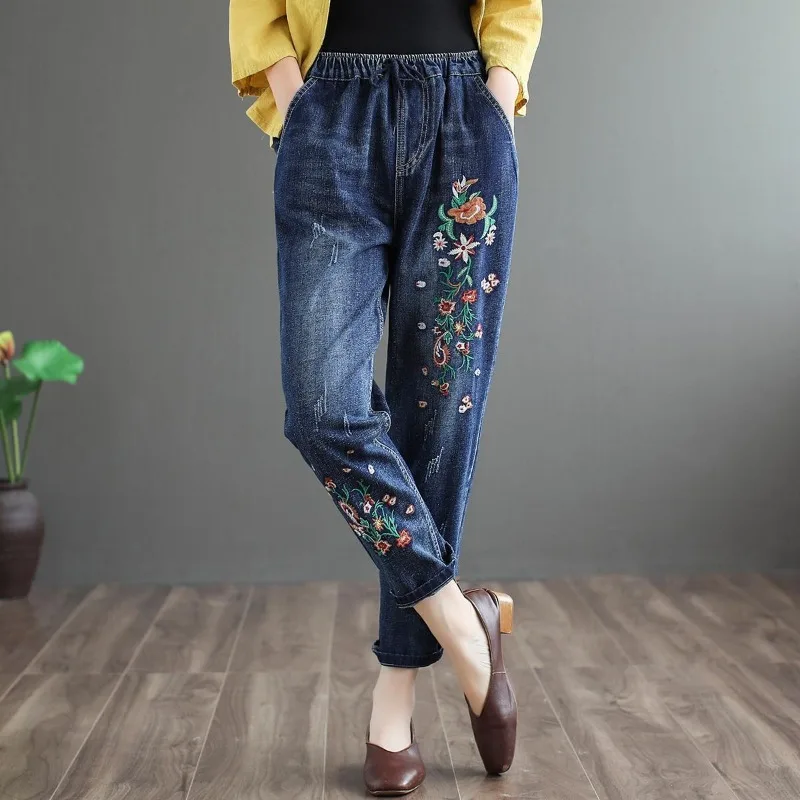 Women Denim Pants Harlem Pants Embroidery Casual Trouser Woman Clothing High Waisted Loose Fit Casual Solid Design Office Lady