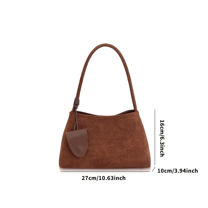 Women's Elegant Retro Tote Bag Suede Fabric Shoulder Bag Solid Brown Hand with Zipper Closure Durable & Fixed Strap Phone Makeup
