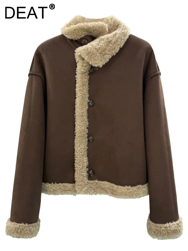 

DEAT Fashion Women Fur Intergrated Jackets Stand Collar Contrast Color Single Breasted Thick Warm Coats Winter 2023 New 7AB2101