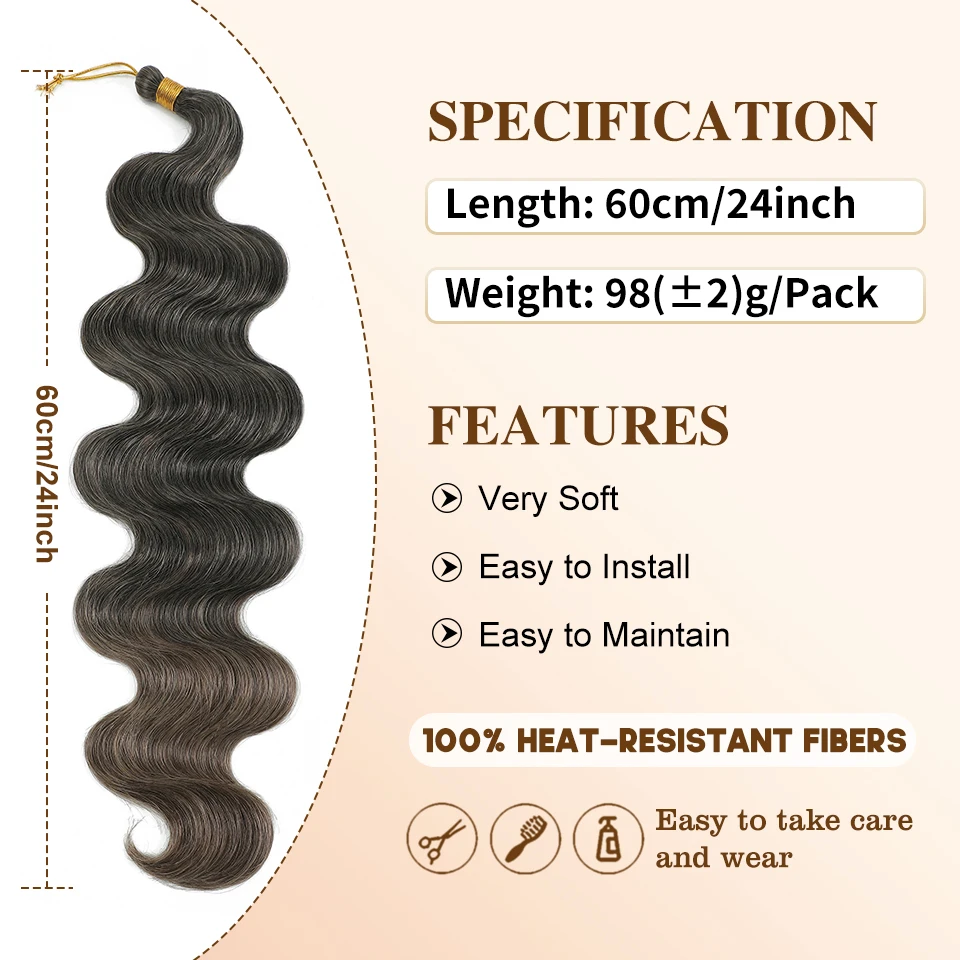 24" Body Wave Braiding Hair Extensions 3-5Pcs Synthetic Pre-Feathered Black Boho Box Braids for Goddess French Curl Crochet Hair 6
