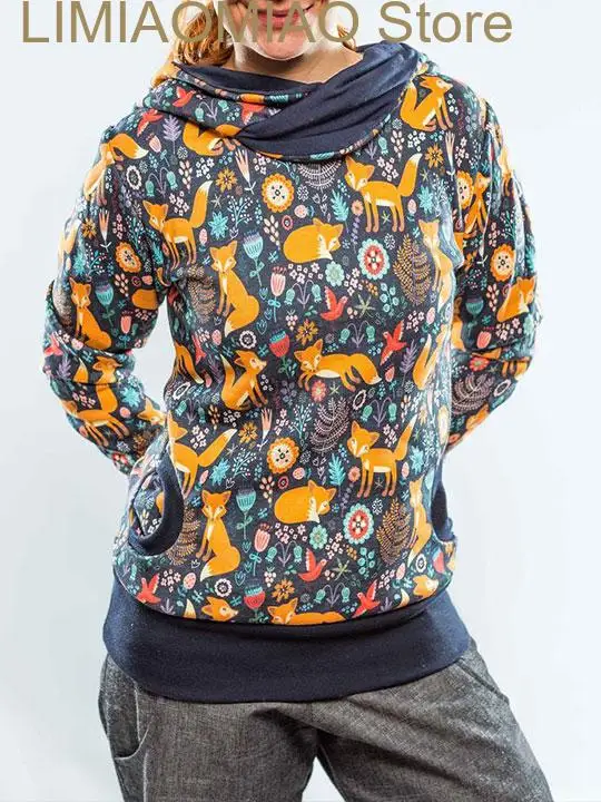 New Cartoon Animal Foxes Printed  Hoodie Sweatshirt European Vintage Autumn Pile Collar Harajuku Pullover Hoodies Tops Female