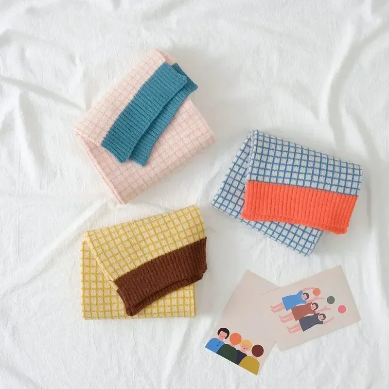 Outdoor Windproof Scarf Kids Boys Girls Scarf Winter Warm Fashion Patchwork Plaid Knitted Long Children Scarves silk scarf baby scarf cotton scarf wool scarf rabbit fur scarf