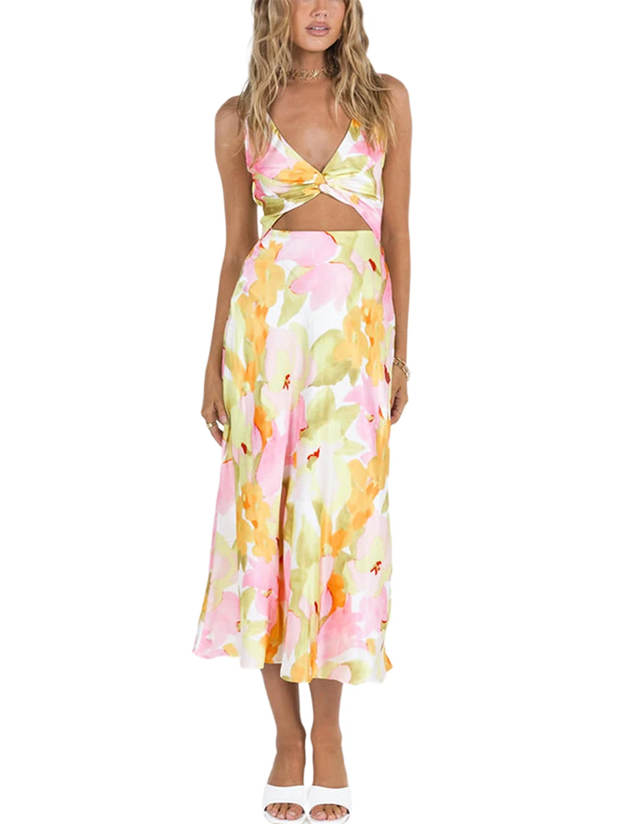 

Elegant Floral Print with V Neckline Cutout Back and Strappy Details - Perfect for Clubbing Parties Beach