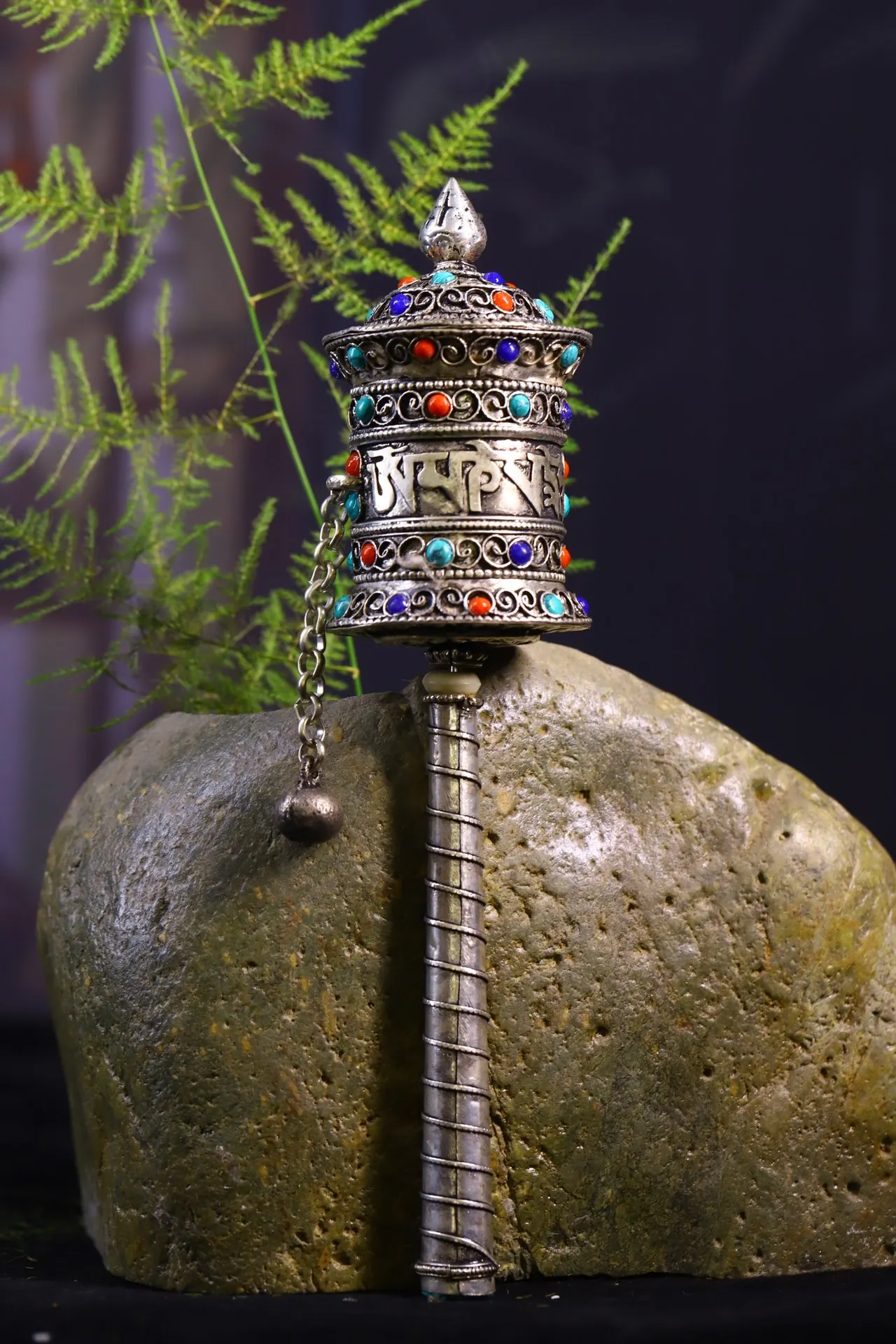 

8"Tibetan Temple Collection Old Tibetan silver Mosaic Gem Turquoise Six Word Proverbs Prayer Wheel Old scriptures Amulet Dharma