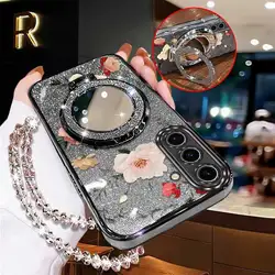 Elegant Floral Phone Accessory Set with Lanyard and Stand - Galaxy A21s (Black)