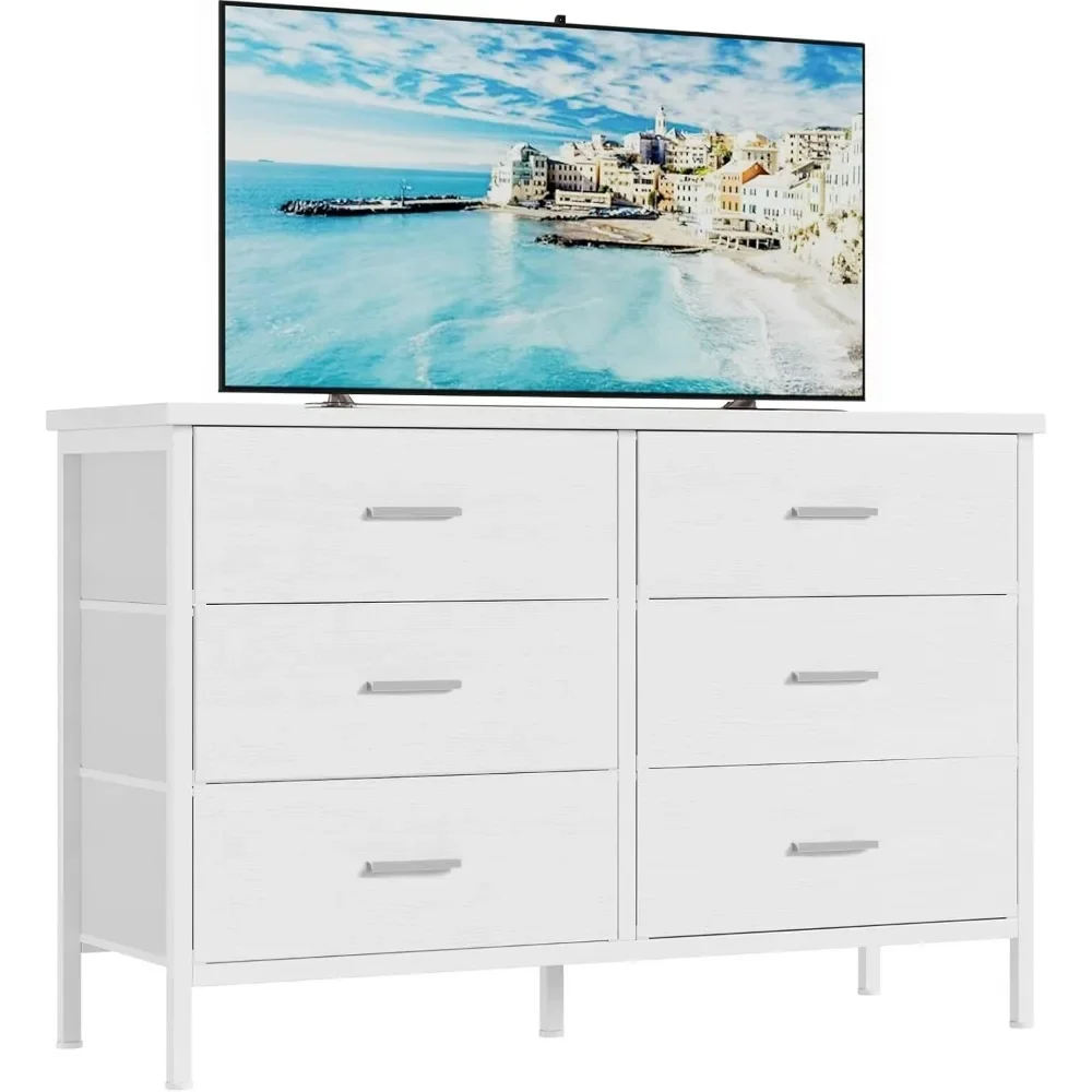 White Dresser for Bedroom 6 Drawer,Wide TV Stand for 50" TV Dressers & Chests of Drawers Fabric Dresser for Closet 2