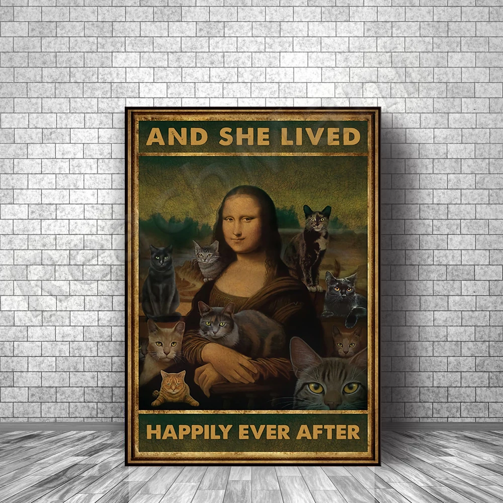 

Cat and her happy life behind retro poster, funny girl loves cats retro poster, girl cat print wall decoration