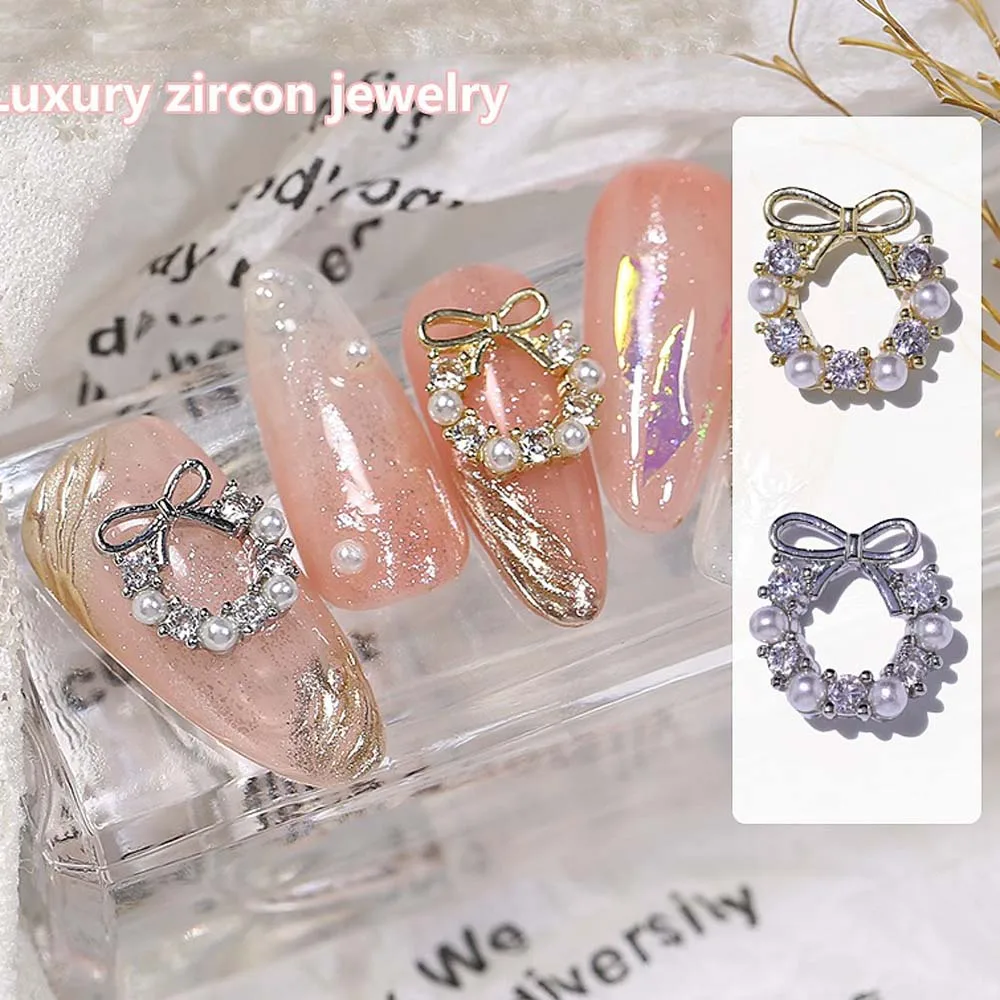 10Pcs 크리스마스 럭셔리 합금 갈 랜드 Bowknot 네일 아트 장식 10*11mm 3D 지르콘 진주 네일 매력 DIY 바로크 갈 랜드 네일 부품