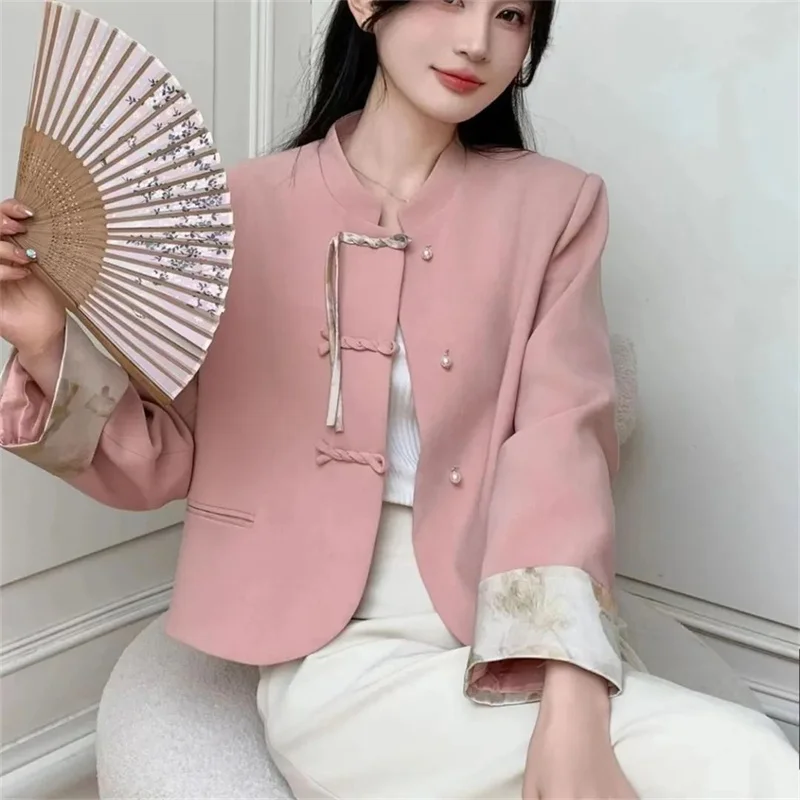 

New Chinese Style Women's Blazer 2024 Popular Spring Autumn High-End feeling Beautiful Suit Jacket Top 3D Button Pink Blazer XXL