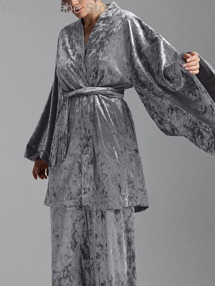 

Women Casual Solid Color Velvet Flare Sleeve Lace-up Top and Wide Leg Pants 2pcs Pajama Sets