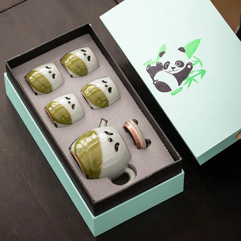 Panda Tea Cup Hand-painted Internet Celebrity Rough Kiln Set Ceramic Ge Kiln Cups Gift Tea Pot Gift Box with Hand