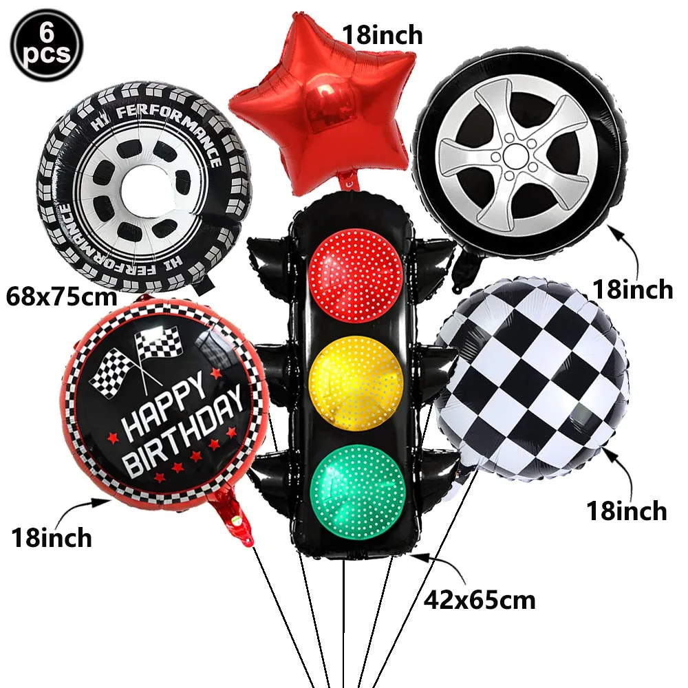 Race-Themed Birthday Party Decoration Set - Balloons, Traffic Cones, Checkered Flags, and Racing Wheel Foil Balloon