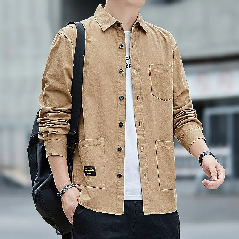 Spring Elegant Fashion Harajuku Slim Fit Ropa Hombre Loose Casual All Match Outerwear Square Neck Solid Button Pockets Blusa
