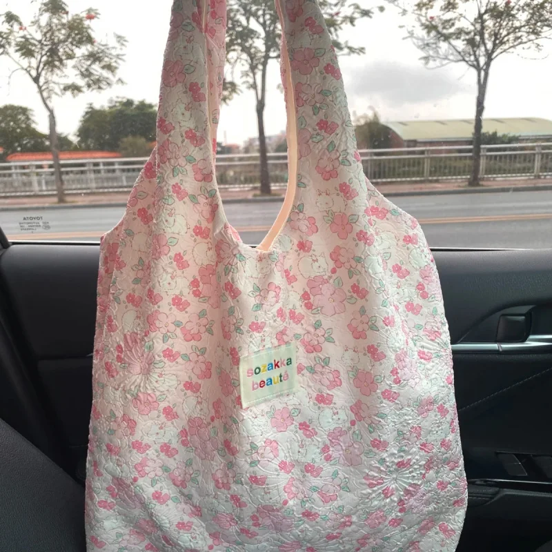 Korean Pink Flower Canvas Bag For Women 2025 New Large Capacity Embroidered Single Shoulder Tote Bag Commuter Underarm Bag