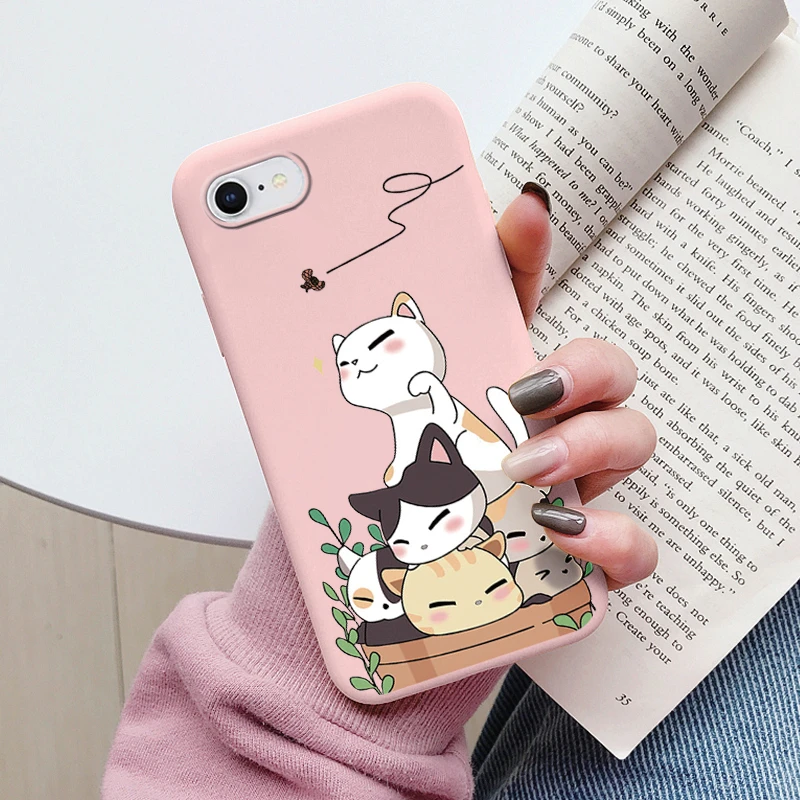 Floral Silicone Phone Case with Cute Cat & Bear Design - Soft Protective Back Cover