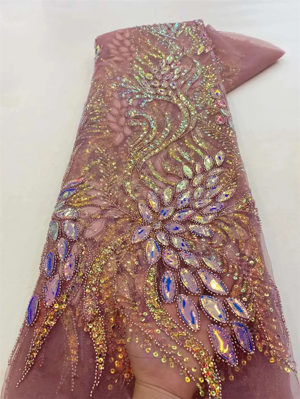African Sequins Beaded Lace Fabric Nigerian Groom Embroidery French Tulle Lace Fabric For Bridal Wedding WB06