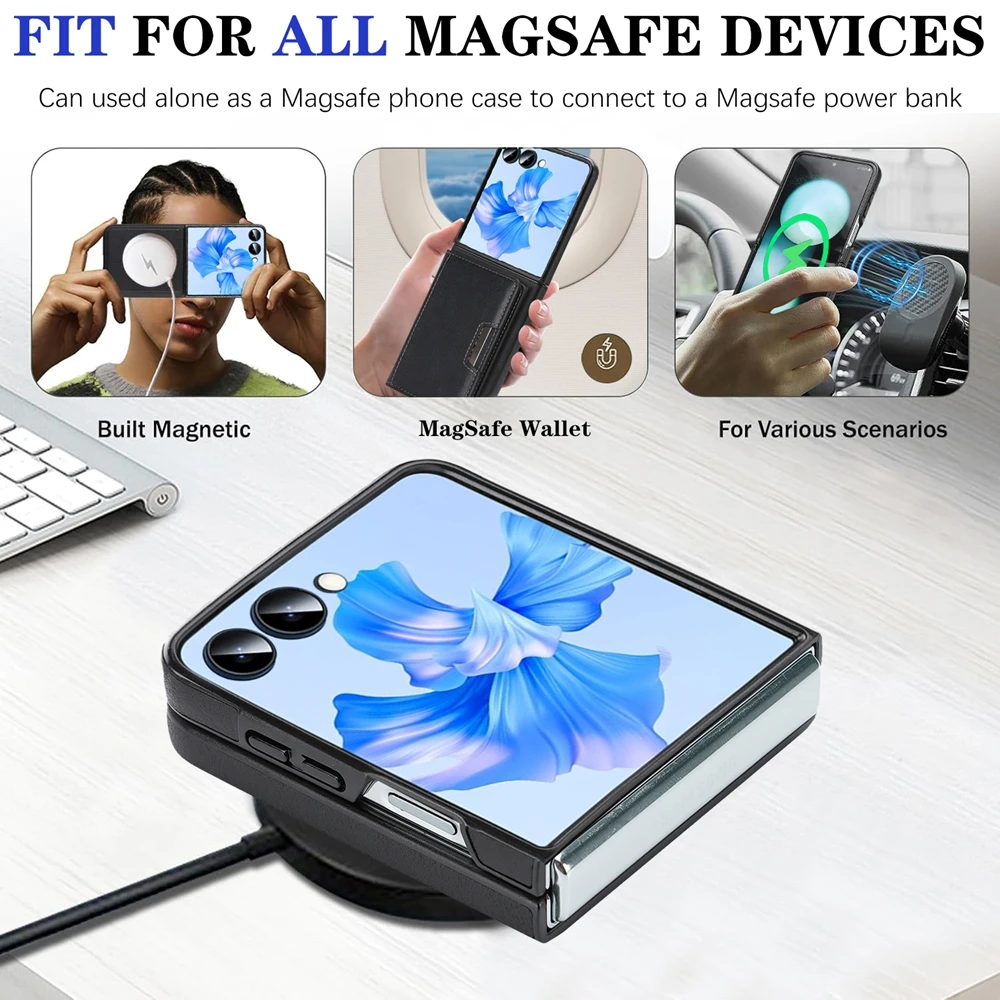 Magnetic Leather Phone Case with Card Holder & Kickstand, Wireless Charging Compatible