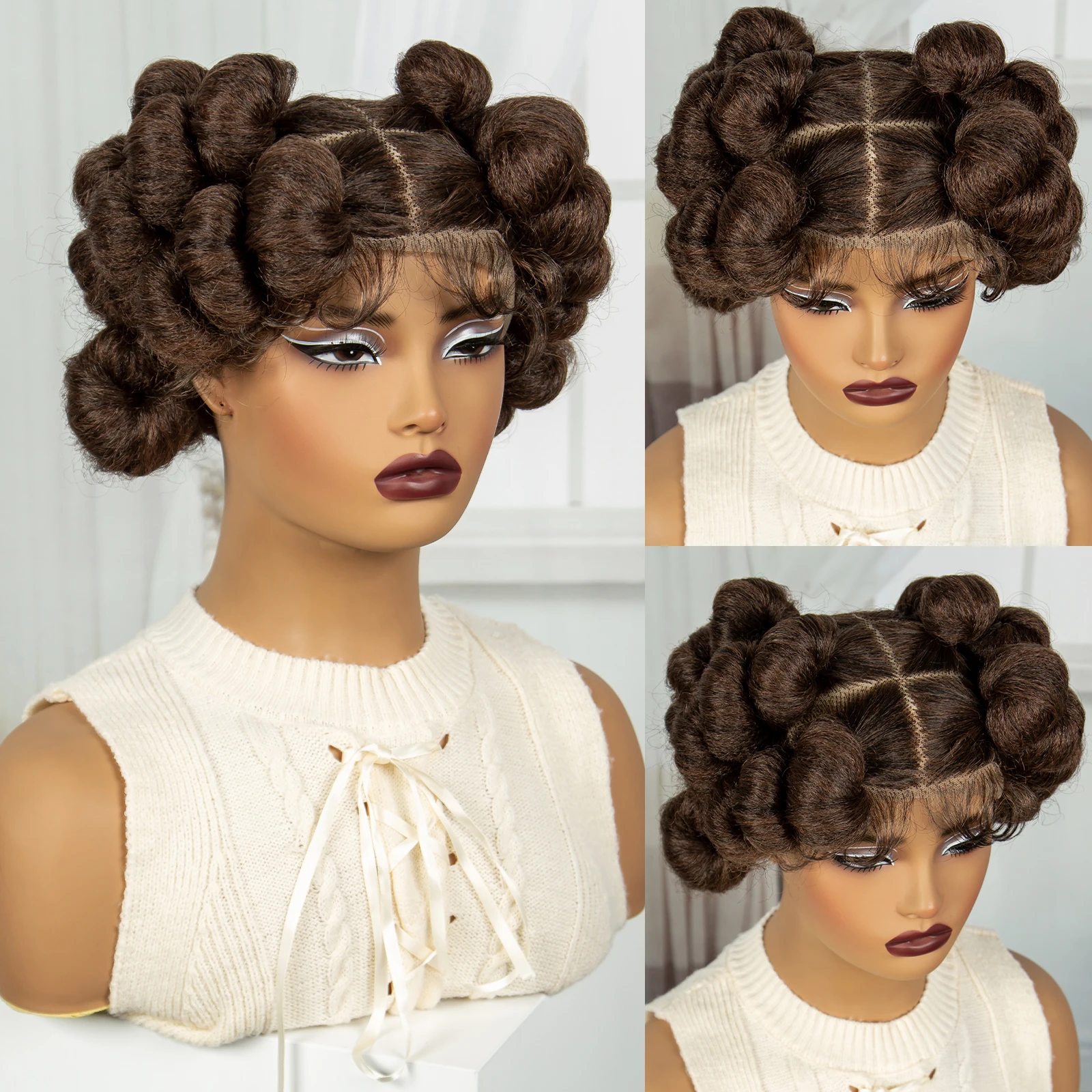 Bantu Braided Wigs Synthetic Transparent Full Lace Braided Lace Wigs Ginger Orange Color Short Cute Handmade Knotless Braids Wig