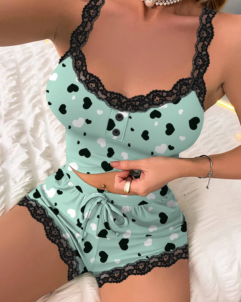 Summer women's temperament  commuting sexy  elegant sleeveless lace patchwork  love printed top and pants set two-piece