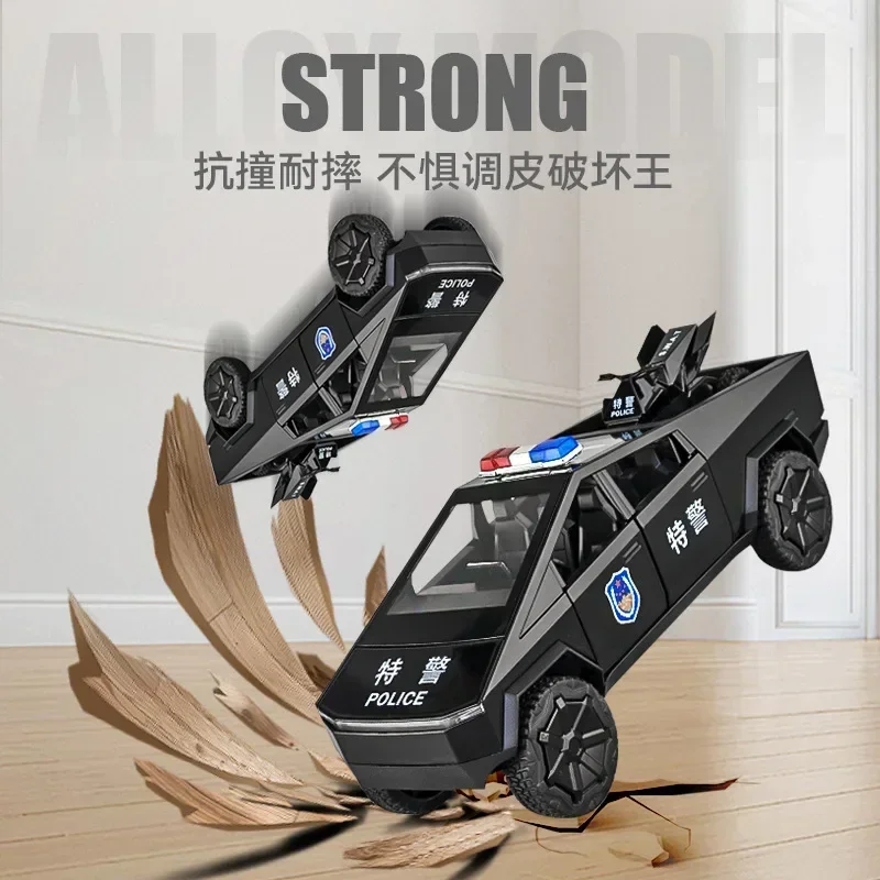 1:24 Tesla pickup police car High Simulation Diecast Metal Alloy Model car Sound Light Pull Back Collection Kids Toy Gifts 5