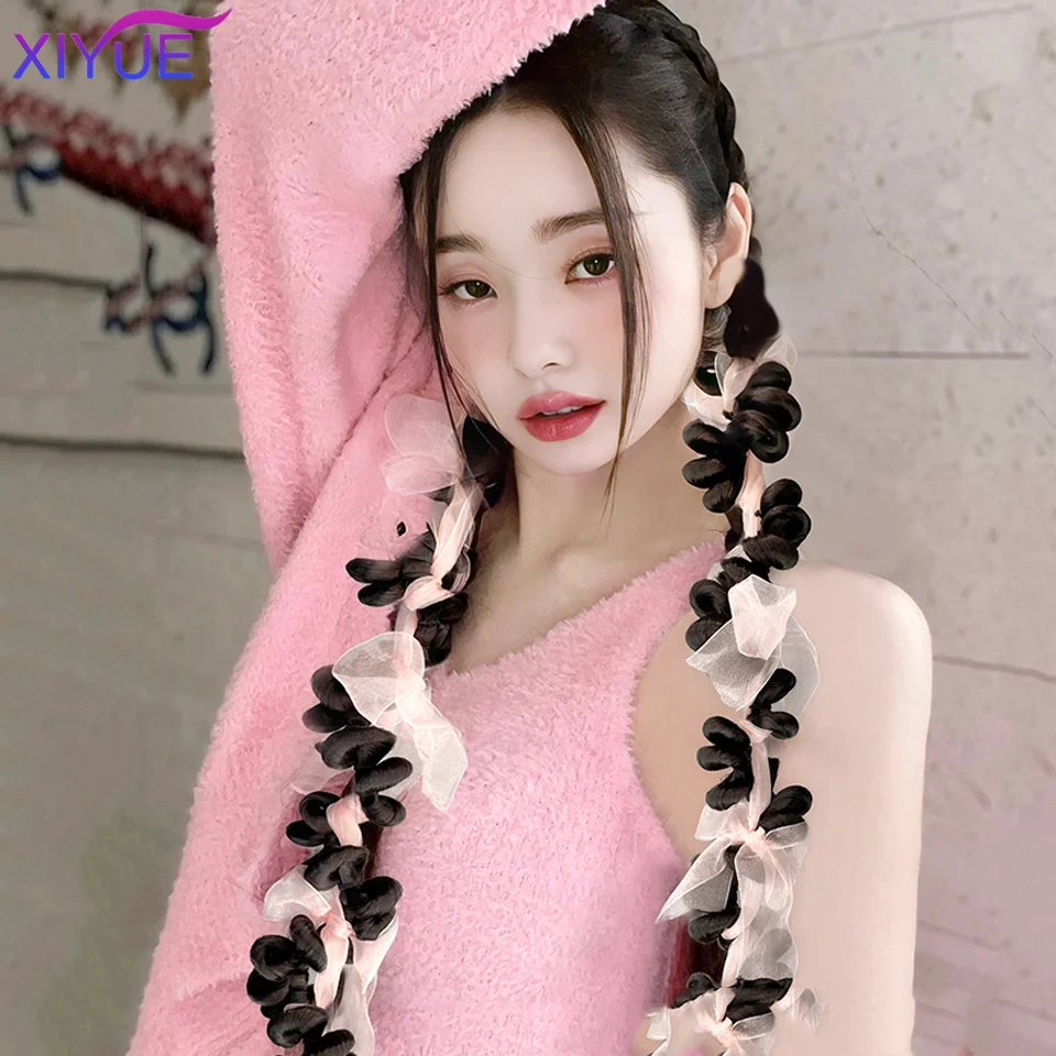 XIYUE 2PC Pink Ribbons tTwisted Tail Clip In Ponytail Hair Extension Heat Resistant Synthetic Natural Double Horse Tail