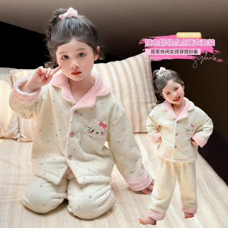حار سانريو فتاة بيجامة مجموعة مرحبا كيتي Kawaii أنيمي الشتاء الطفل الدفء القمم السراويل الطويلة ملابس الأطفال 2 قطعة مجموعة جديد