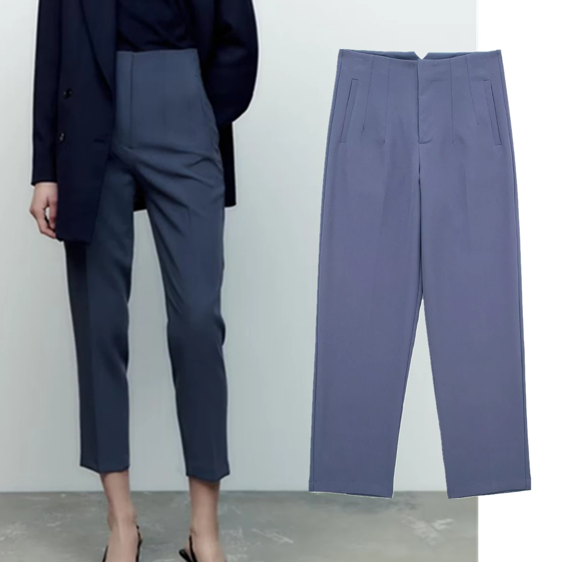 Jenny&Dave Fashion Simple Pleated High Wasit Casual Pants Straight Suits Trousers Women