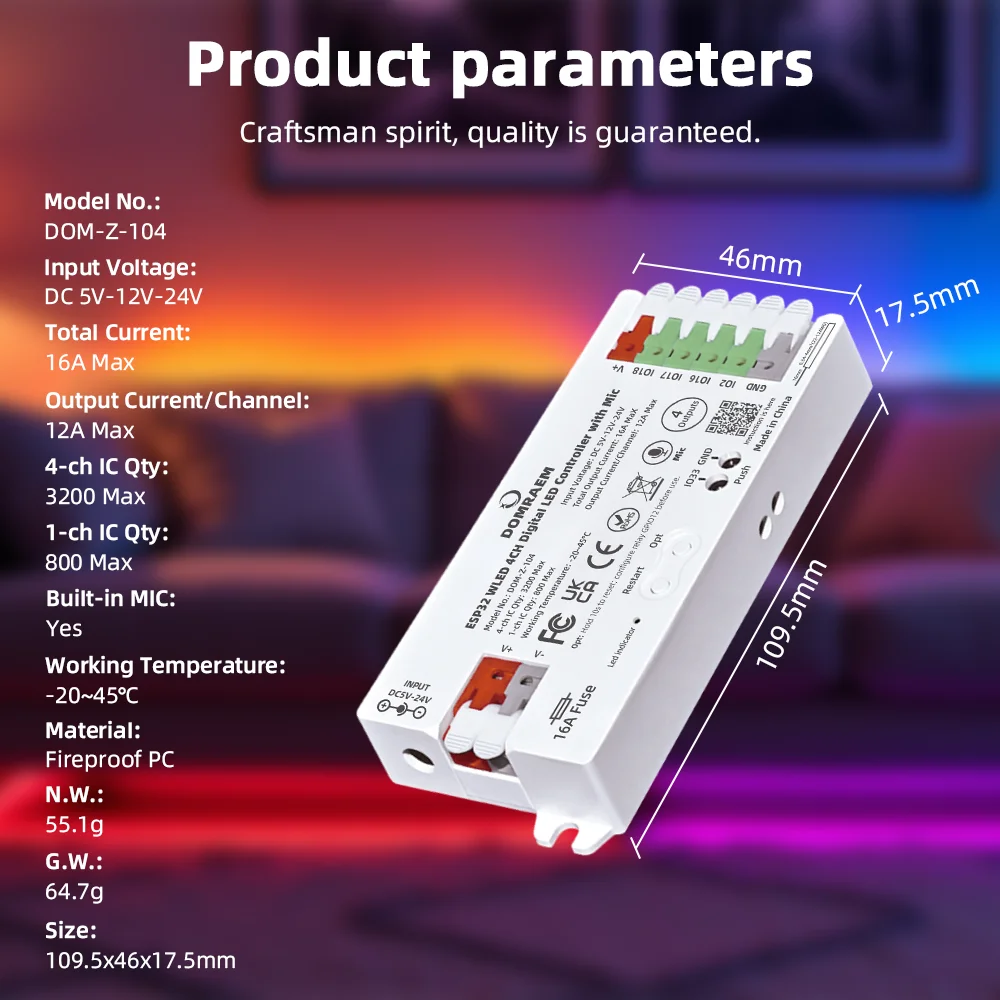 DOMRAEM ESP32 WLED Controller 4-Kanal 16A Sicherung Mikrofon-Soundreaktiv Niedriger Energieverbrauch HA Alexa-Kompatibel WS281X SK6812 RGBIC LED-Streifen DIY – Detail 2