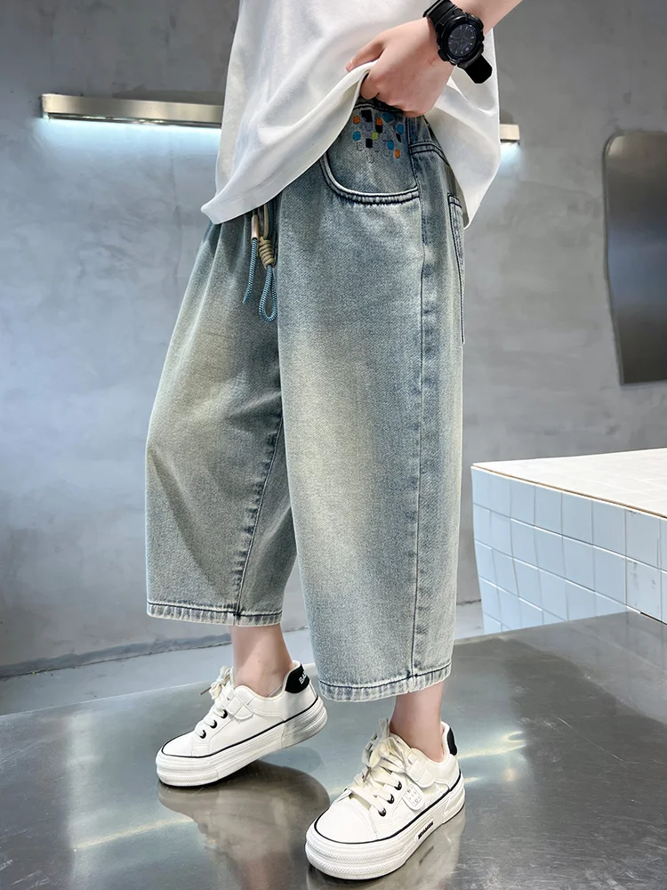 시크한 7부 남아 반바지 여름 신상 청반바지 중간 허리 밴딩 워싱 가공 트렌디한 아동복