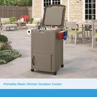 Resin 77 Quart Wicker-Look Outdoor Patio Cooler with Wheels, Hinged Lid, Built-In Storage Basket and Cabinet for Outdoor 2