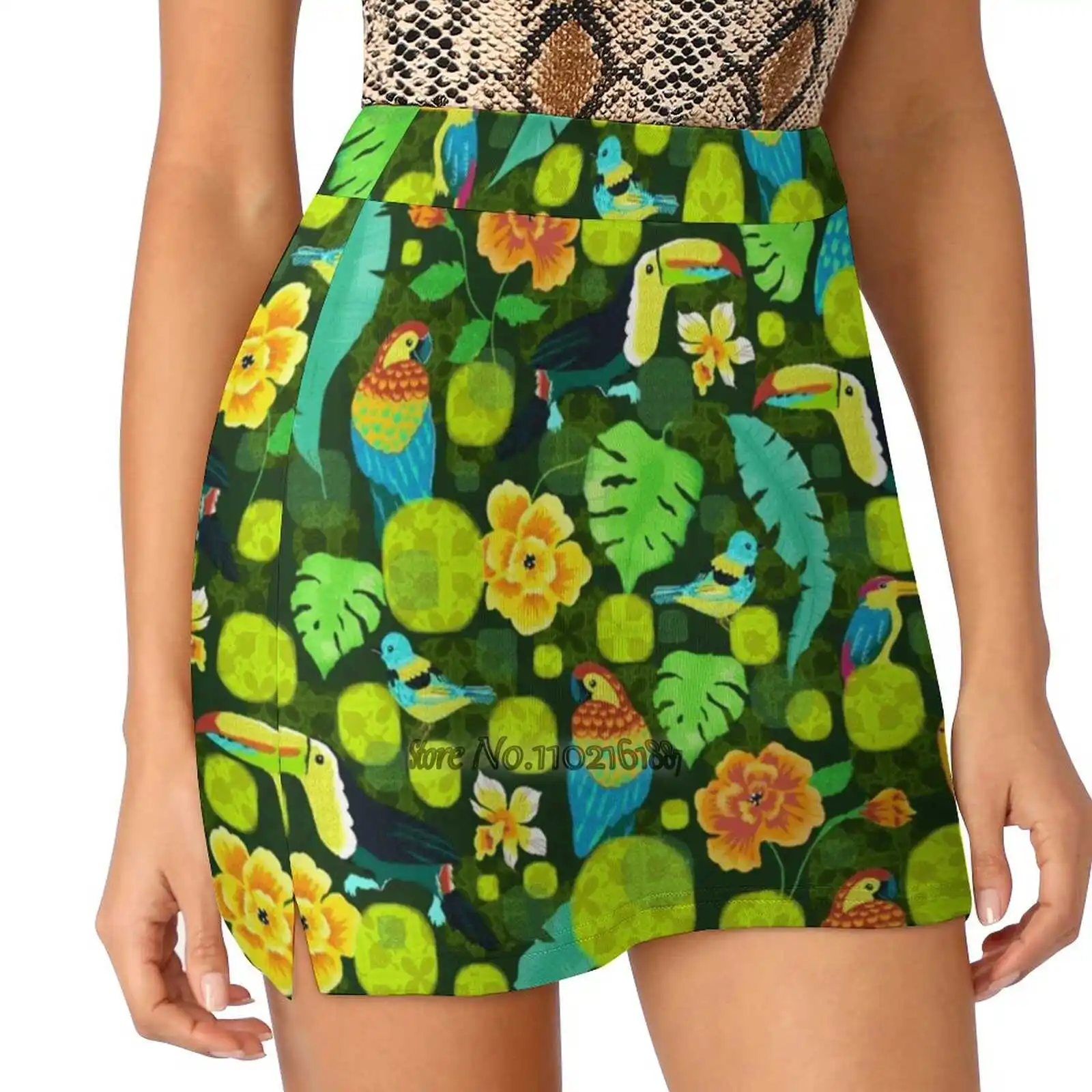 

Tropical Spirits Women Mini Skirt Two Layers With Pocket Skirts Sport Fitness Running Skorts Forest Tropical Jungle Birds