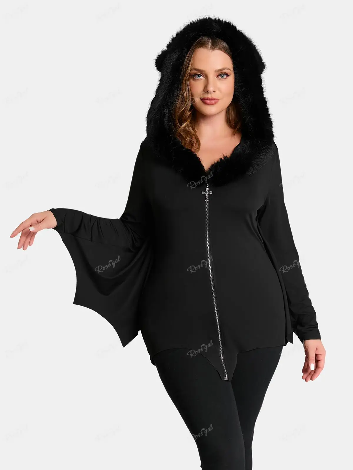 ROSEGAL Plus Size Women's Full Zipper Fur Neck Bat Wing Hooded
