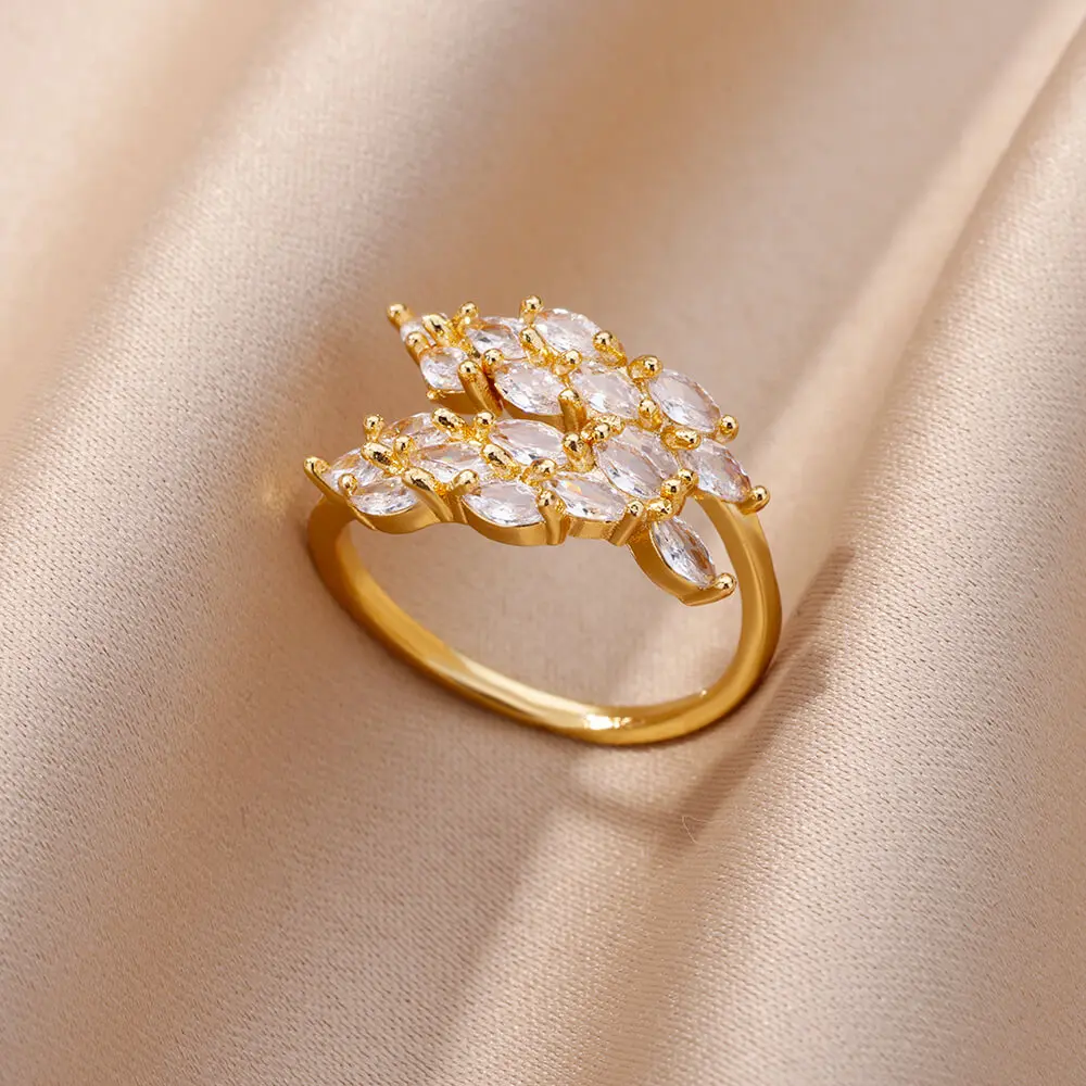 White Zircon Adjustable Stainless Steel Gold Plated Plant Ring