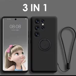 Premium Liquid Silicone Phone Cover with Ring Holder and Strap - S22 Plus (Black)