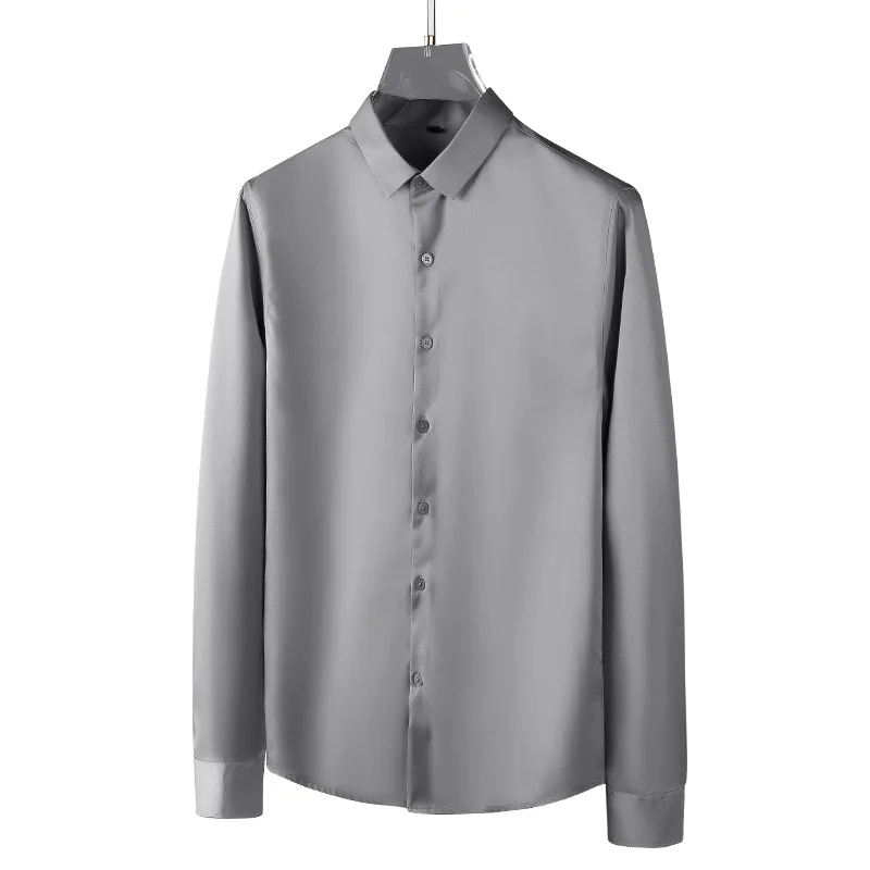 Men's Long Sleeve Shirt Wrinkle-resistant Non-iron Solid Color Business Casual Ice Silk Poplin Shirts 6XL