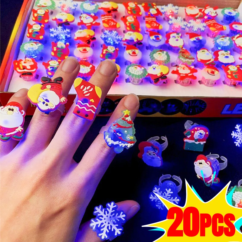 

1-20pcs Creative Christmas Theme Resin Glowing Ring Toys Santa Claus Christmas Tree LED Blue/Flashing Ring Kids Gift Party Decor