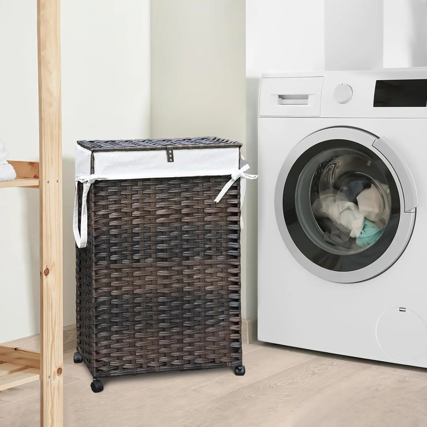 70L Slim Laundry Hamper with Lid & Wheels Rolling Laundry Basket with 2 Removable Liner Bags & 3 Mesh Bags Narrow Dirty Clothes
