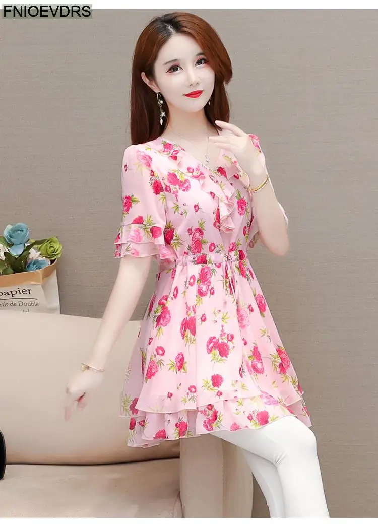 M-5XL 2023 Clothes Clothes Women European Style Elegant Basic Shirt Floral Print Retro Ruffles Belly Tunic Peplum Top Blouses