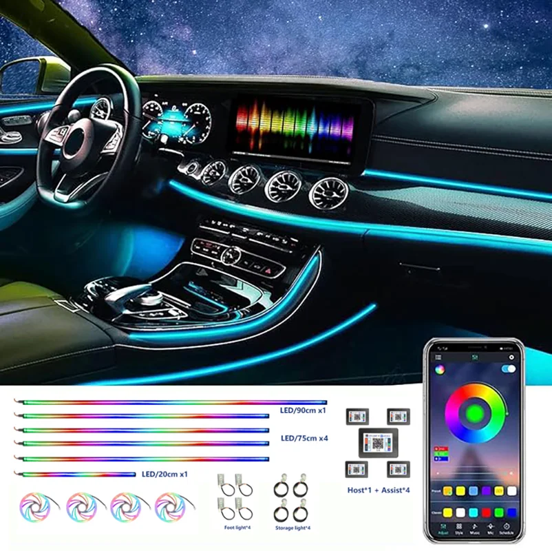 

18 In 1 Car Interior Ambient Lights LED Car Fiber Optic Atmosphere Neon Lighting APP Remote Control Auto Decorative Strip Lamp