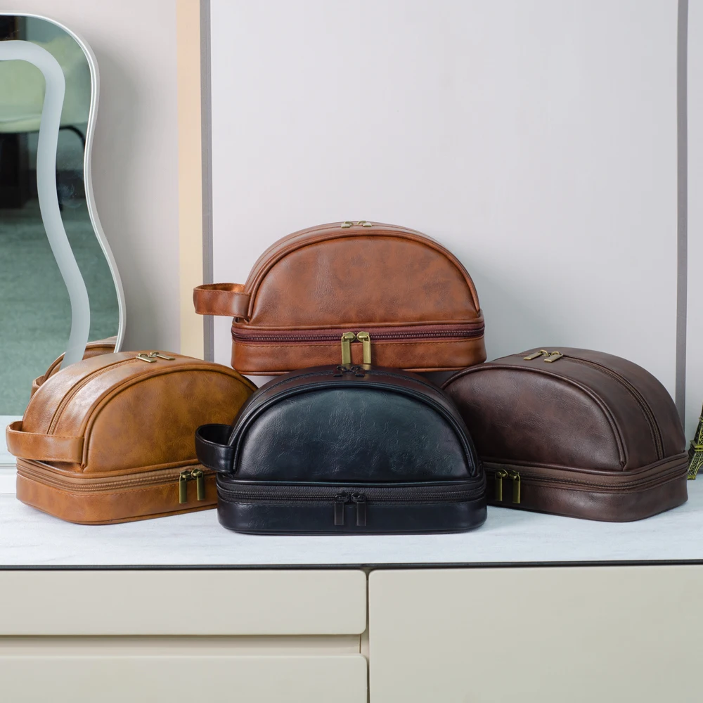 Men's leather makeup bag for travel men's high-end sense large capacity storage travel wash bag waterproof toiletry bag 6