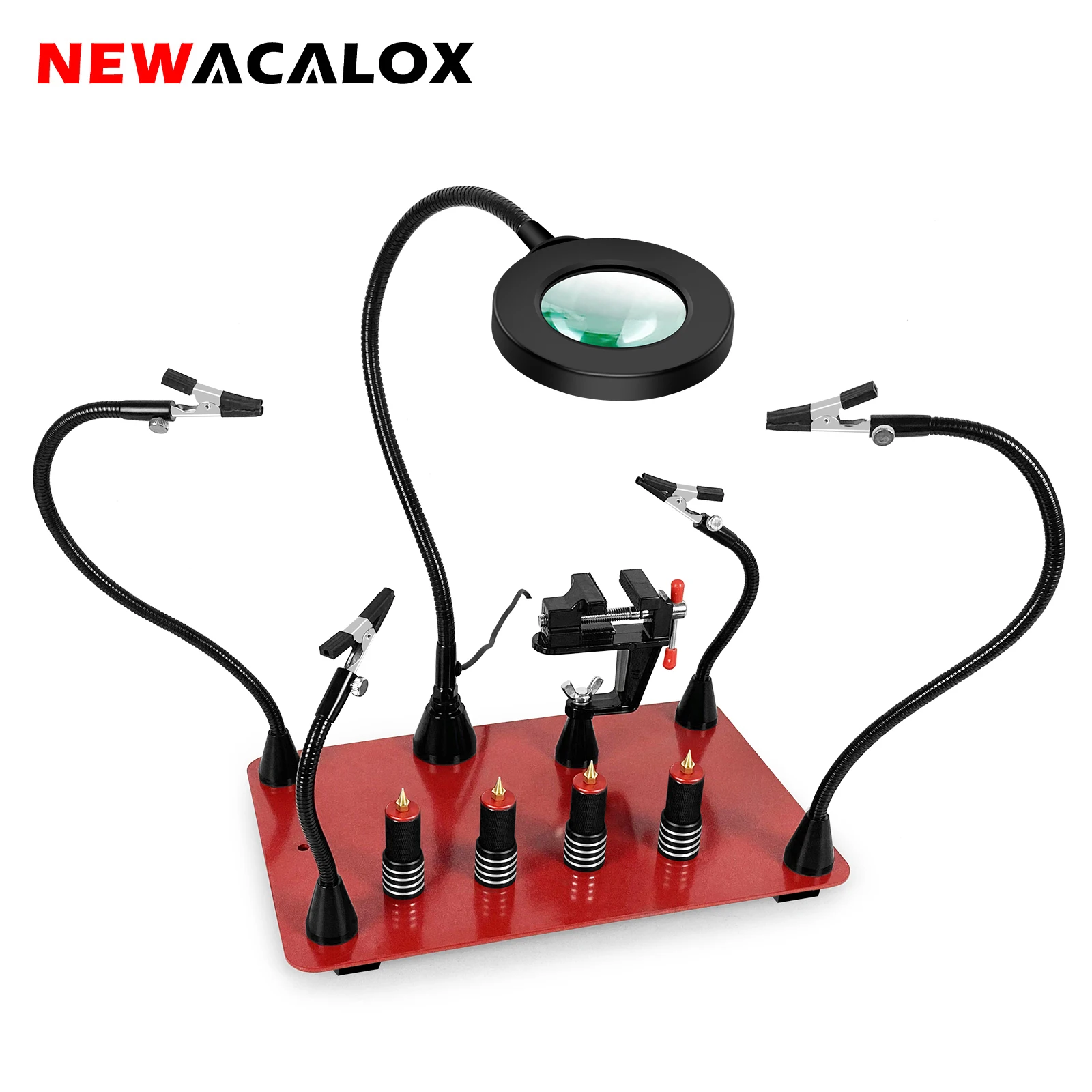 NEWACALOX  Magnetic Soldering Third Hand PCB Holder Heat Gun Stand with 3X LED Magnifying Glass Heavy Duty Welding Workstation newacalox soldering helping hands third hand tools with large vise base soldering iron tips cleaner ball 3x led magnifying lamp