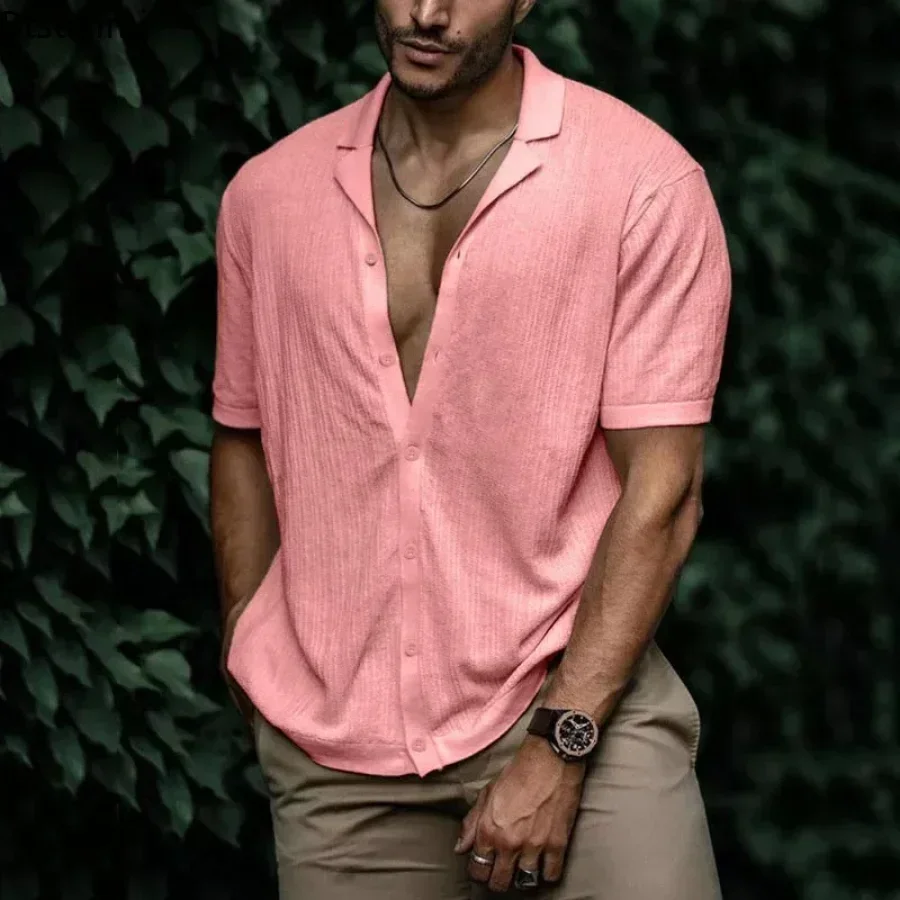 Men's Summer Casual Short Sleeve Shirts Turn-down Collar Buttoned Solid Shirts Men Clothes Loose Tops Male Fashion Shirt