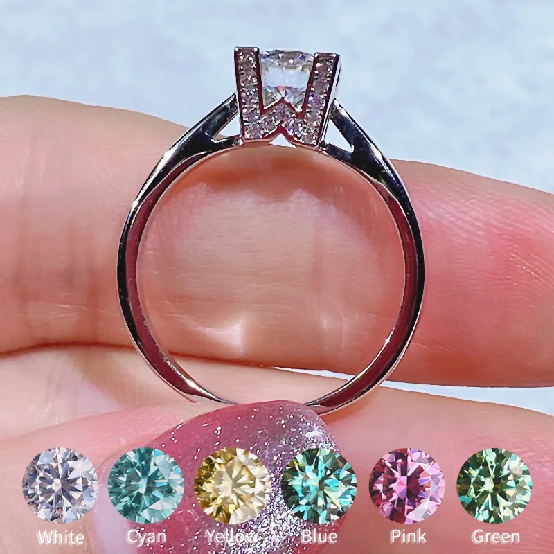 

100% Real Moissanite Ring Size 6.5mm 1 Carat 925 Silver Blue Green Yellow Pink Red Diamond Rings For Women Girls Gift