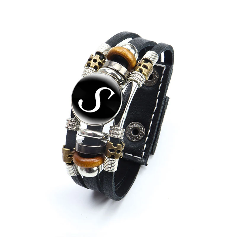 A-Z English Letters Leather Bracelet 26 Initial Letters Cabochon Glass Snap Bracelet for Men Women Couple