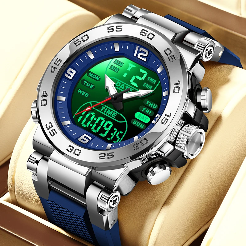 FOXBOX Dual Display Watch Men Silicone Sports Waterproof Men's Quartz Wristwatches FashionLED Backlit Dual Time Watch For Men