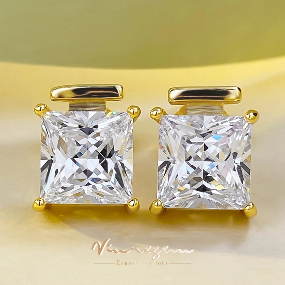 

Vinregem 8*8MM Princess Cut Lab Created Sapphire Gemstone Ear Studs Earrings 18K Gold Plated 925 Sterling Silver Fine Jewelry