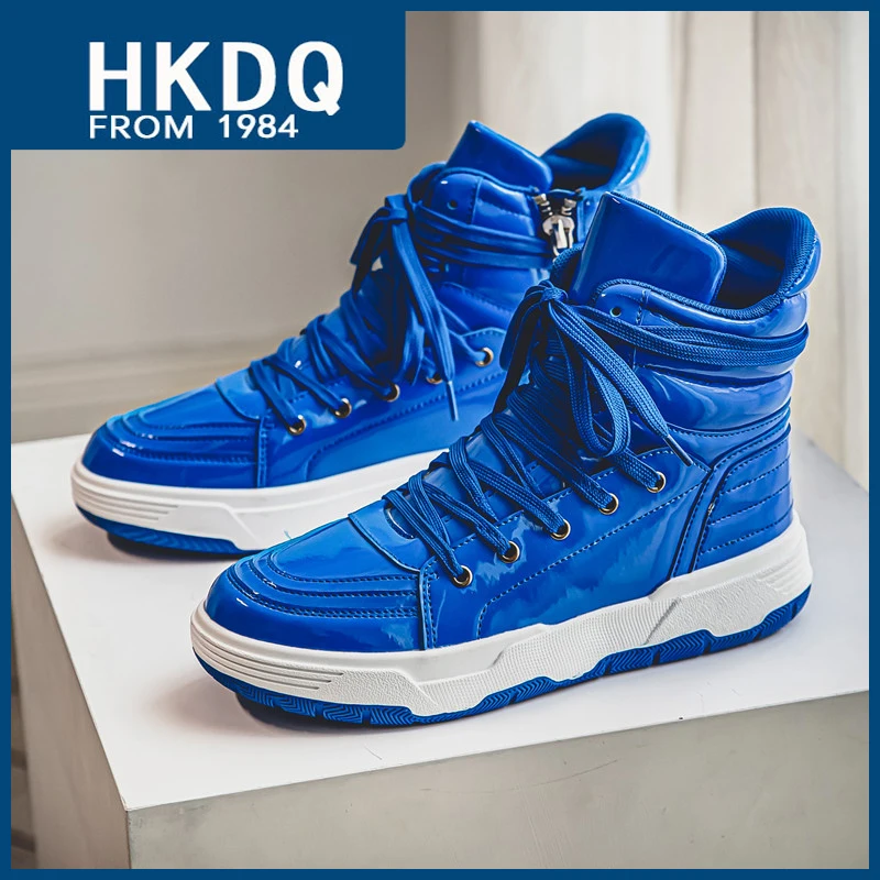 

HKDQ Patent Leather Zip Men's High Top Sneakers Streetwear Glitter Blue Casual Sneakers For Men Outdoor Hip Hop Skate Shoes Man