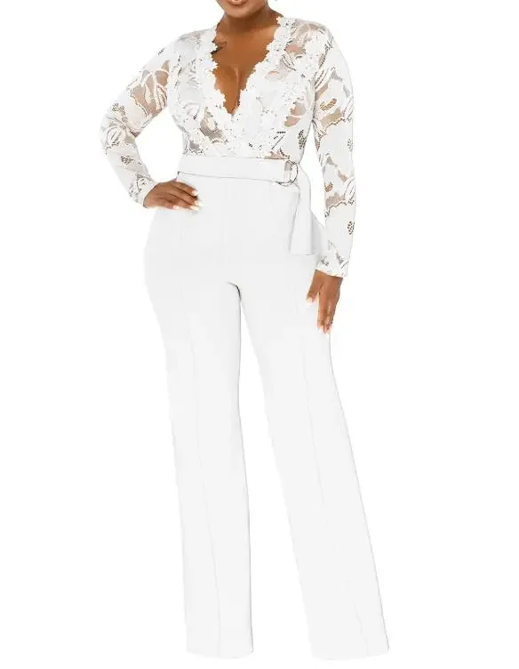 Elegant Jumpsuit Women 2023 Spring Fashion Sexy Lace Perspective V Neck Long Sleeve Casual Daily Long Wide Leg Jumpsuit